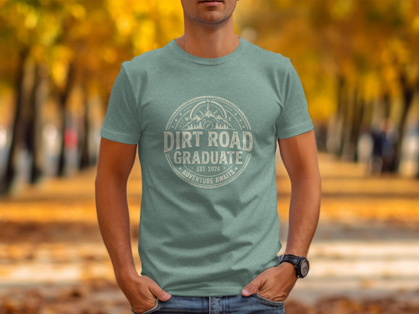 Dirt Road Graduate '24 Adventure | Vintage Outdoor Apparel: Green t-shirt with "Dirt Road Graduate Est. 2024 Adventure Awaits" circular graphic.