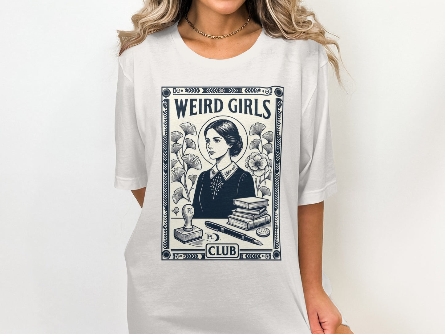 White t-shirt with "WEIRD GIRLS CLUB" and a vintage illustration of a woman.