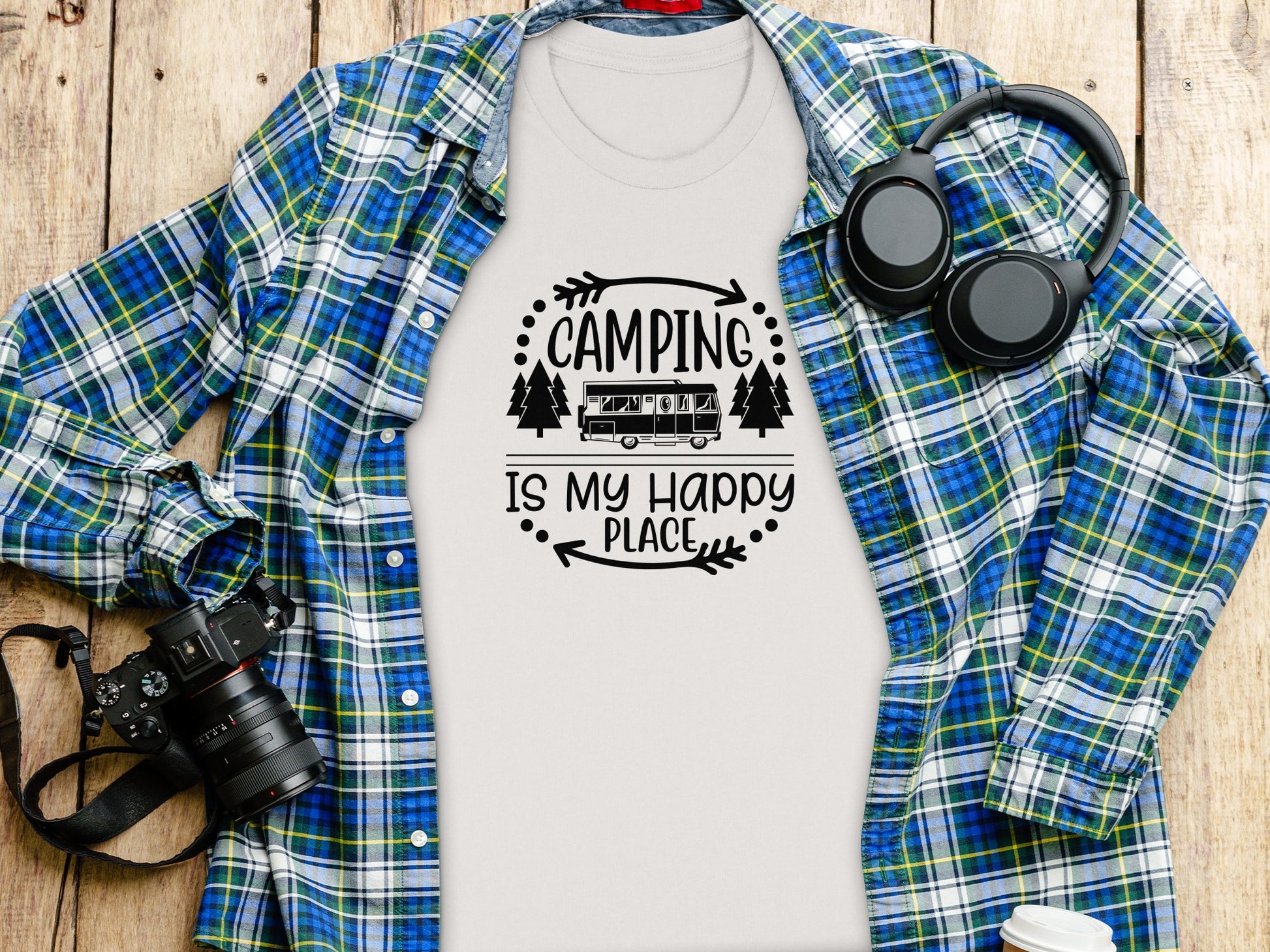 Camping is My Happy Place With Campervan T-Shirt T-Shirt - Outdoor & Adventure Collection - Mile Marker 16 Gear by Cloud 16 Clothing Co.