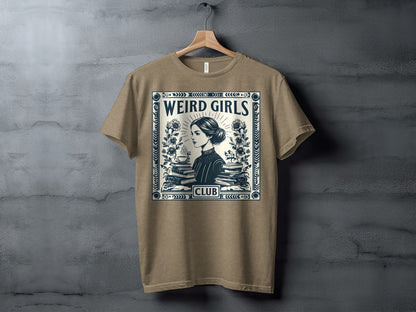 T-shirt with "WEIRD GIRLS CLUB" text and a woman reading surrounded by books.