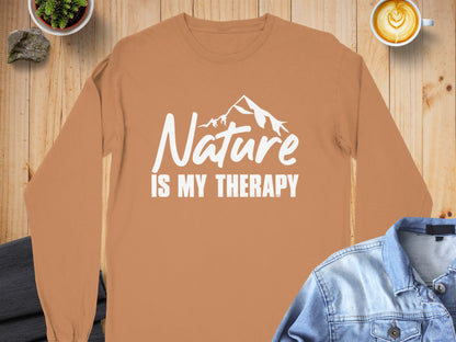 Nature Is My Therapy Mountain Graphic Text Long Sleeve T-Shirt Long Sleeve Tee - Outdoor & Adventure Collection - Mile Marker 16 Gear by Cloud 16 Clothing Co.