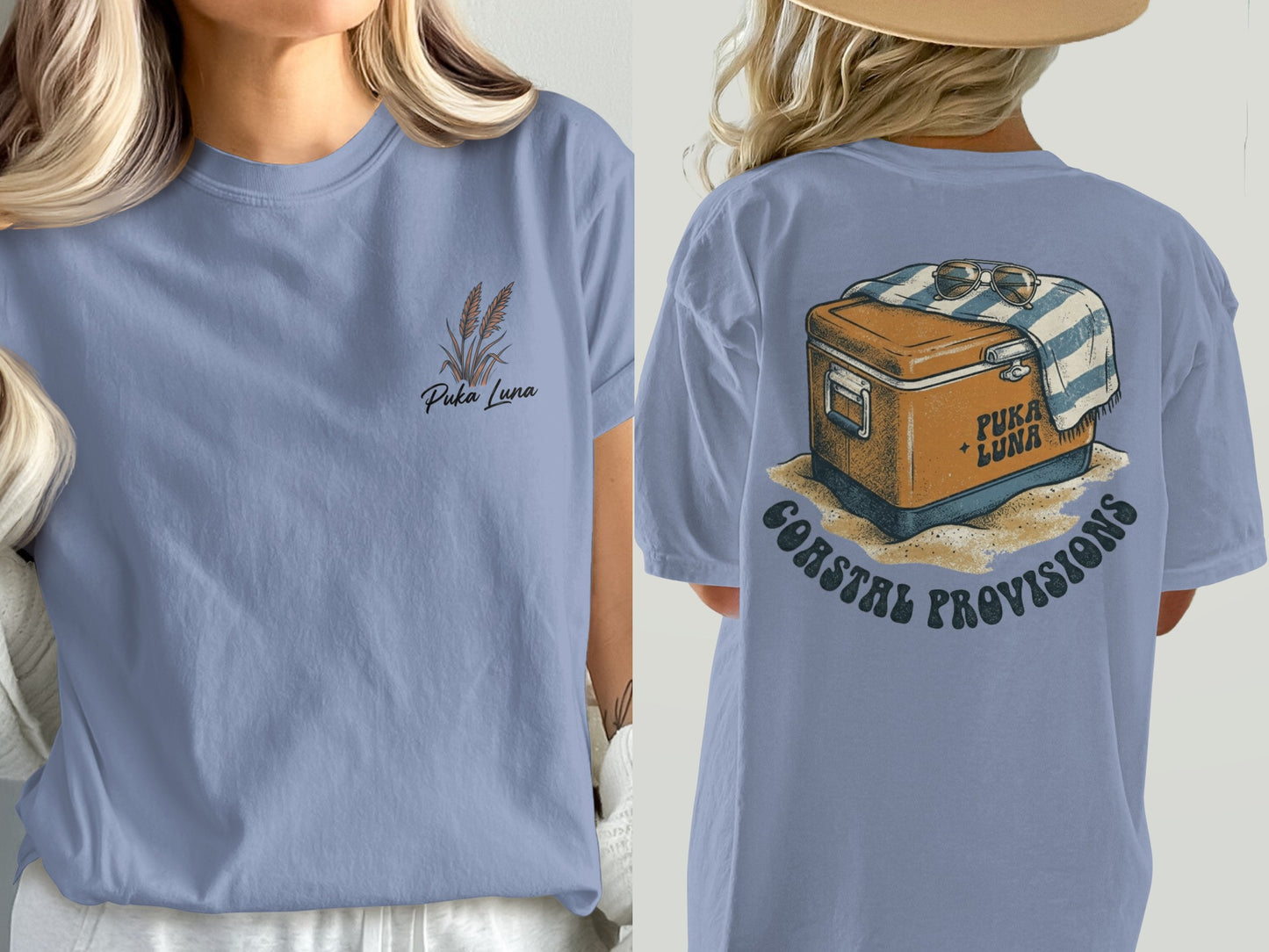 Puka Luna t-shirt with floral design on front and cooler graphic on back.