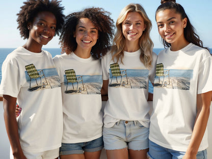 Four women wear t-shirts featuring a beach chair and ocean view graphic.