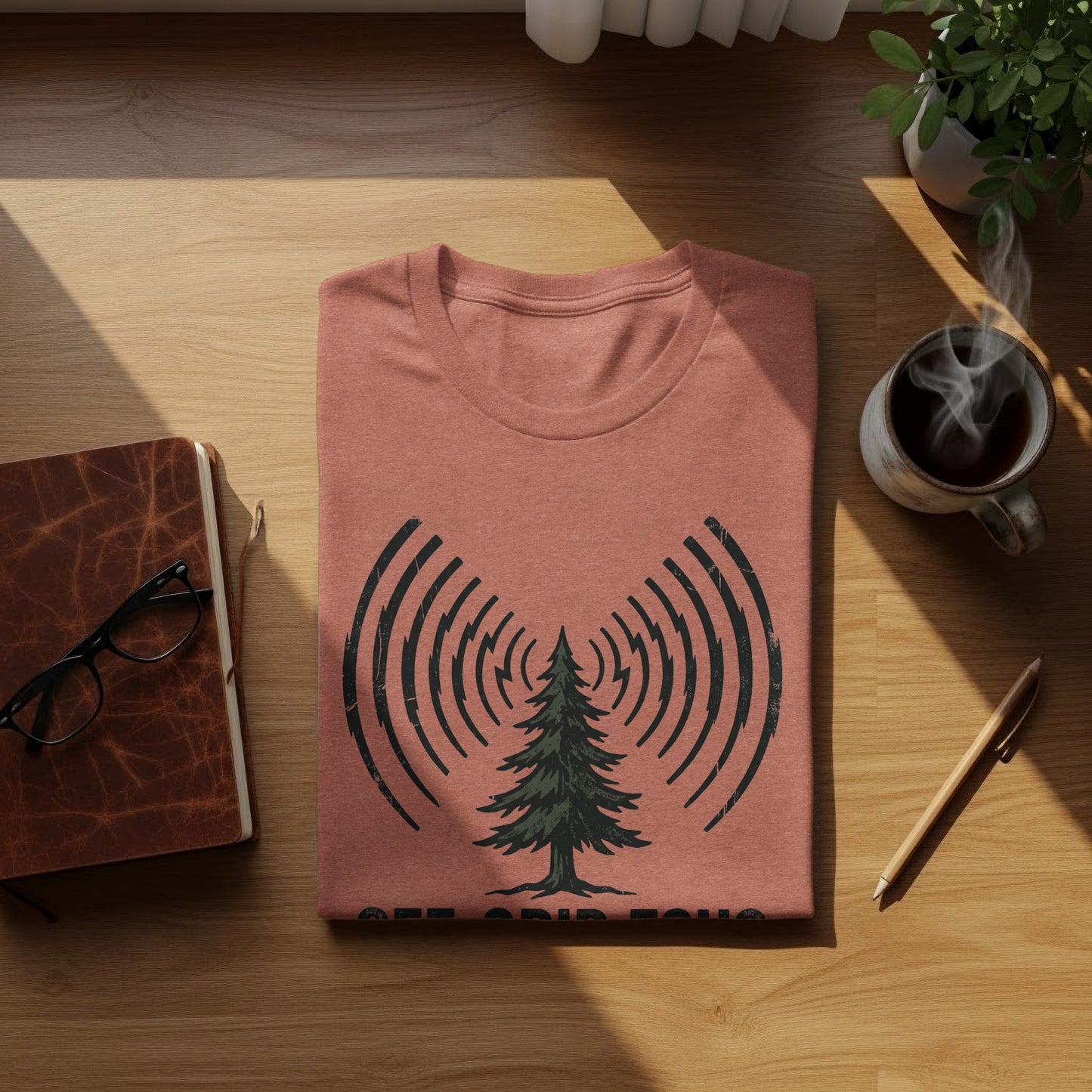 Off-Grid Radio Adventures | Vintage Outdoor Apparel: T-shirt with pine tree and radio waves graphic on peach fabric.