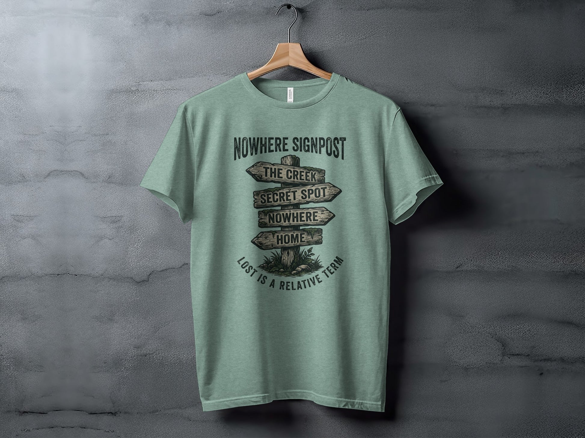 Nowhere Signpost Adventure: Backcountry Outpost Shirt: T-shirt with "Nowhere Signpost" and destinations, "Lost is a relative term."