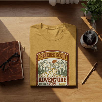 Rugged Creekbed Scout Adventure Emblem Wilderness Shirt: Yellow t-shirt with "Creekbed Scout Adventure" graphic and "Est. 2023" text.