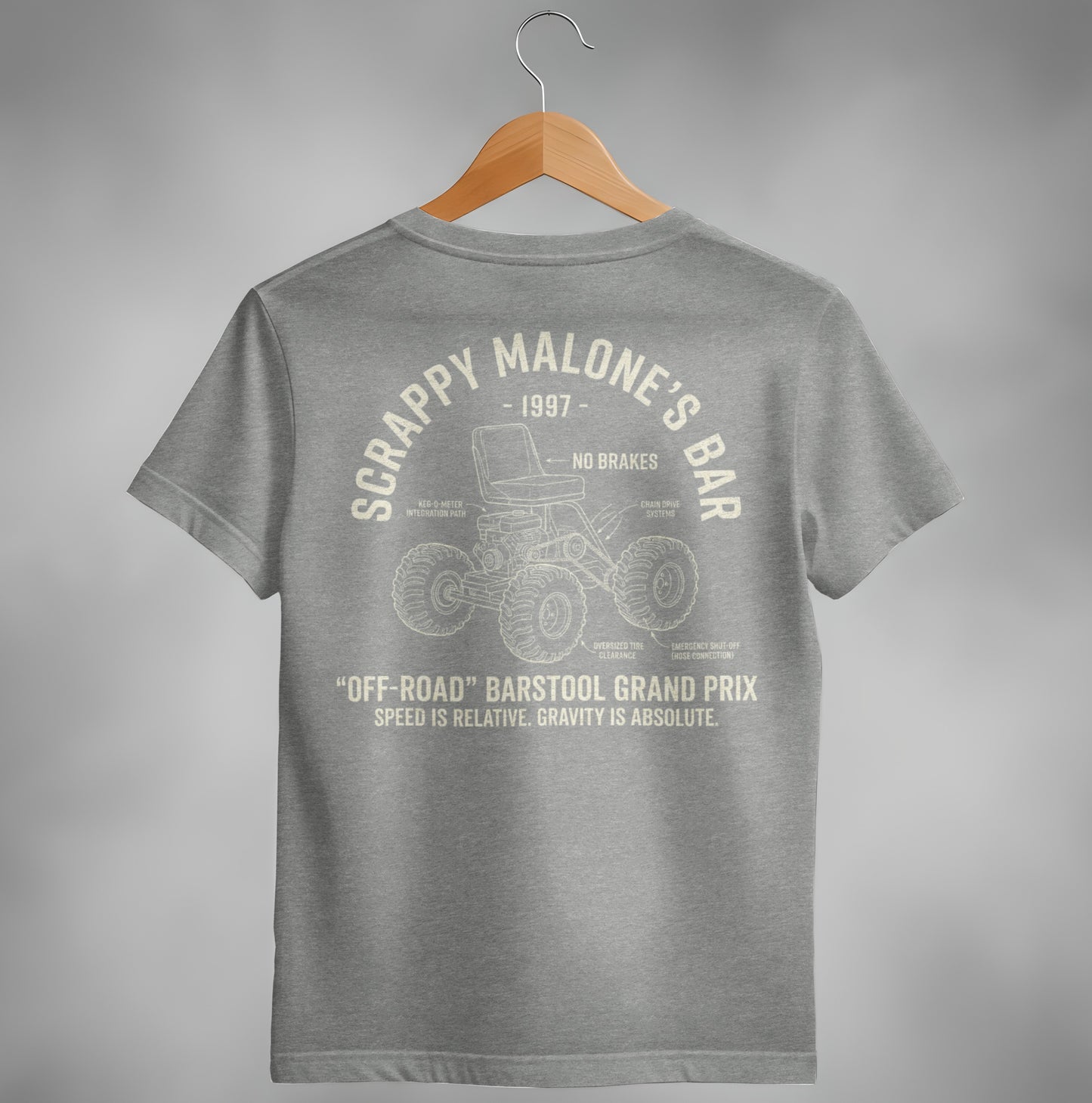Grey t-shirt with "Scrappy Malone's Bar" and off-road vehicle graphic.