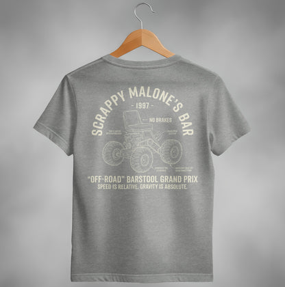 Grey t-shirt with "Scrappy Malone's Bar" and off-road vehicle graphic.