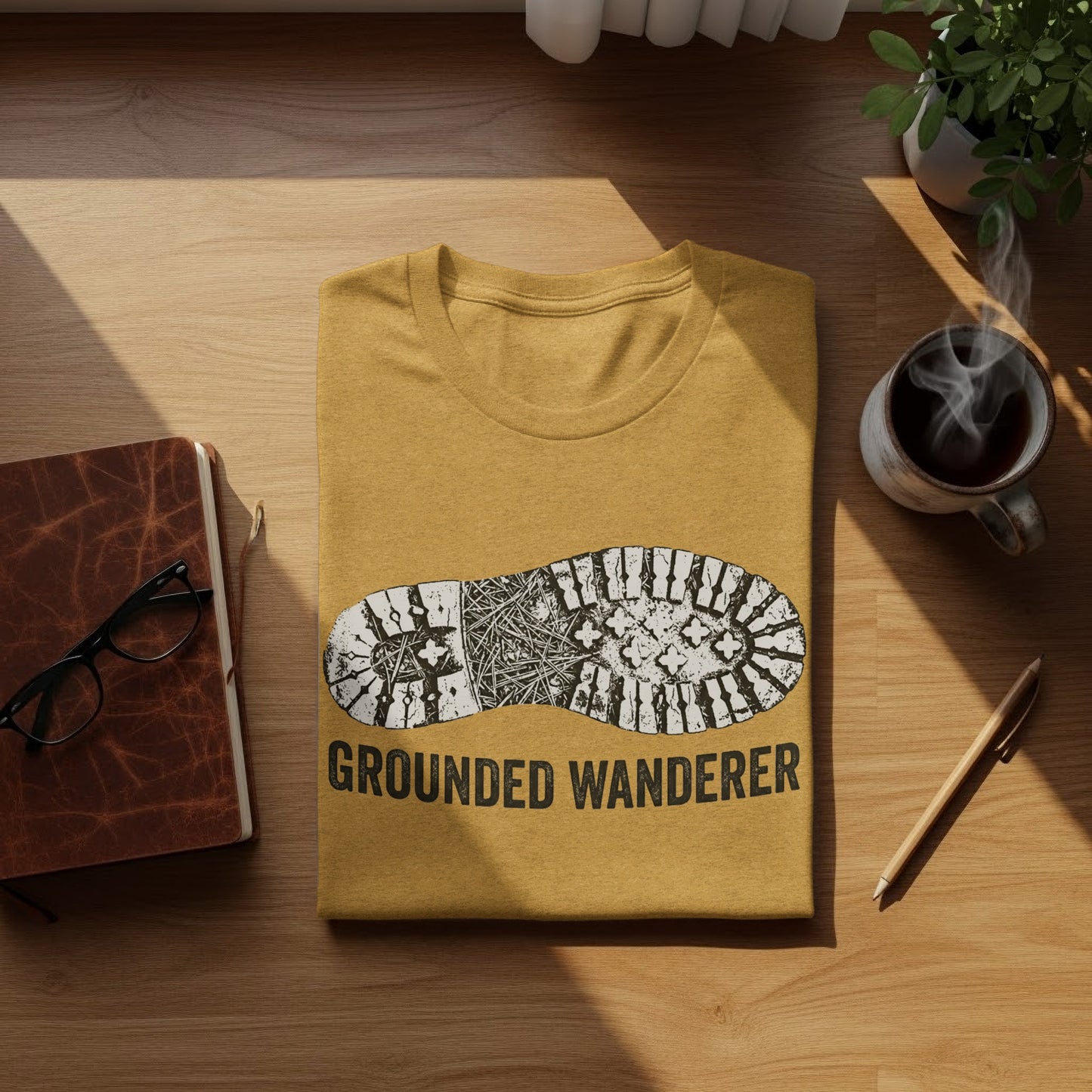 Grounded Wanderer Boot Print | Vintage Outdoor Apparel: Mustard yellow t-shirt with a black boot print and "GROUNDED WANDERER" text.