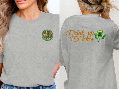 Scrappy Malone's Bar, Bar Logo Art, Irish Bar Sign, Shamrock Design, St Patricks Day Gift, Lucky Charm Bar Decor T-Shirt - Scrappy Malone's Bar 100-Proof Humor - Cloud 16 Clothing Co.