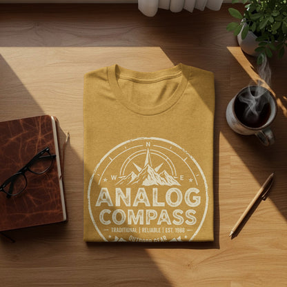 Analog Compass Heritage: The Explorer's Adventure Tee: Yellow t-shirt with "Analog Compass" vintage compass design.