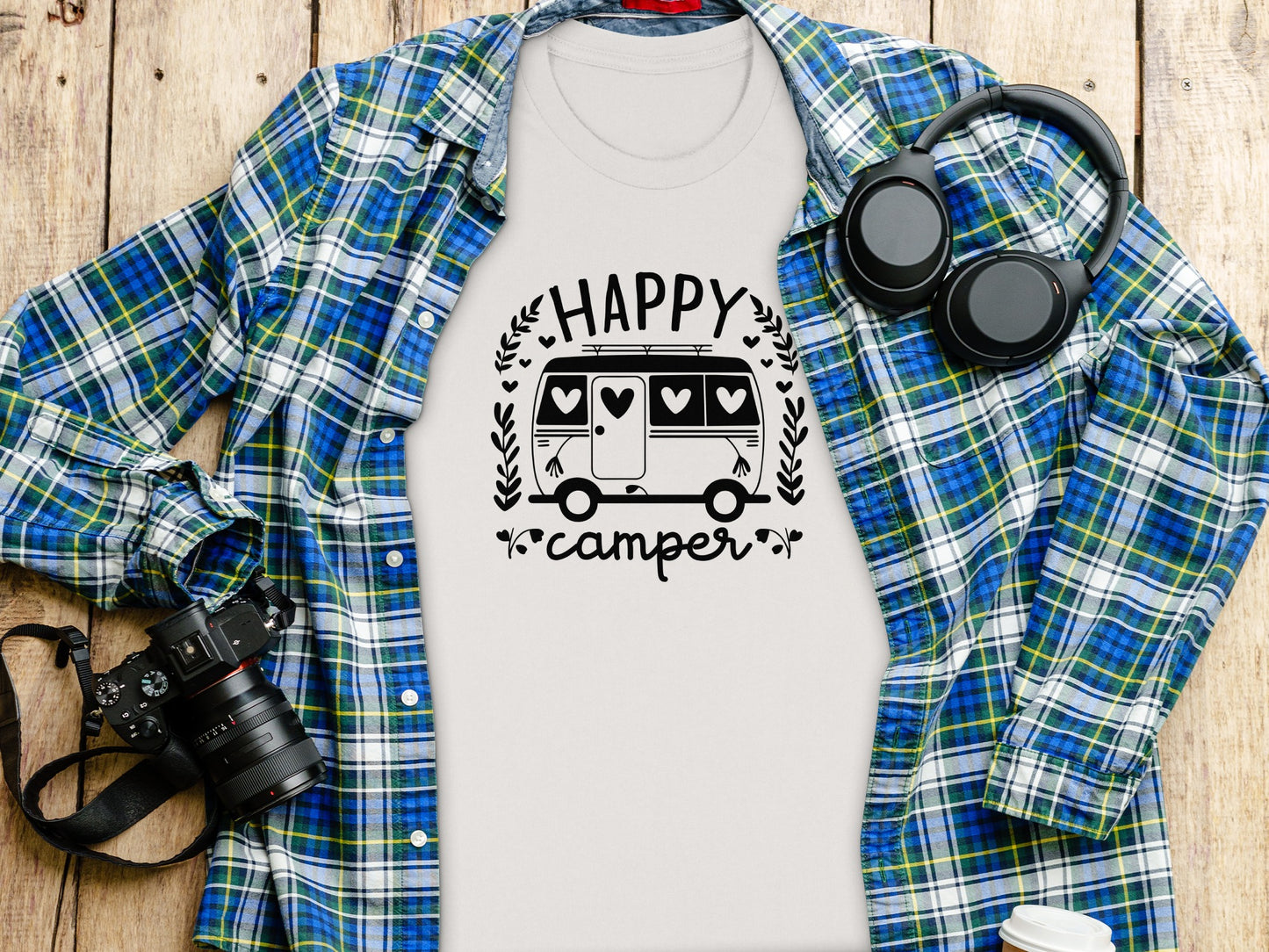 Happy Camper Campervan Love Hearts Outdoor Trip Design T-Shirt T-Shirt - Outdoor & Adventure Collection - Mile Marker 16 Gear by Cloud 16 Clothing Co.