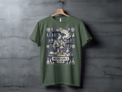 T-shirt with a woman in a lab surrounded by alchemical symbols.