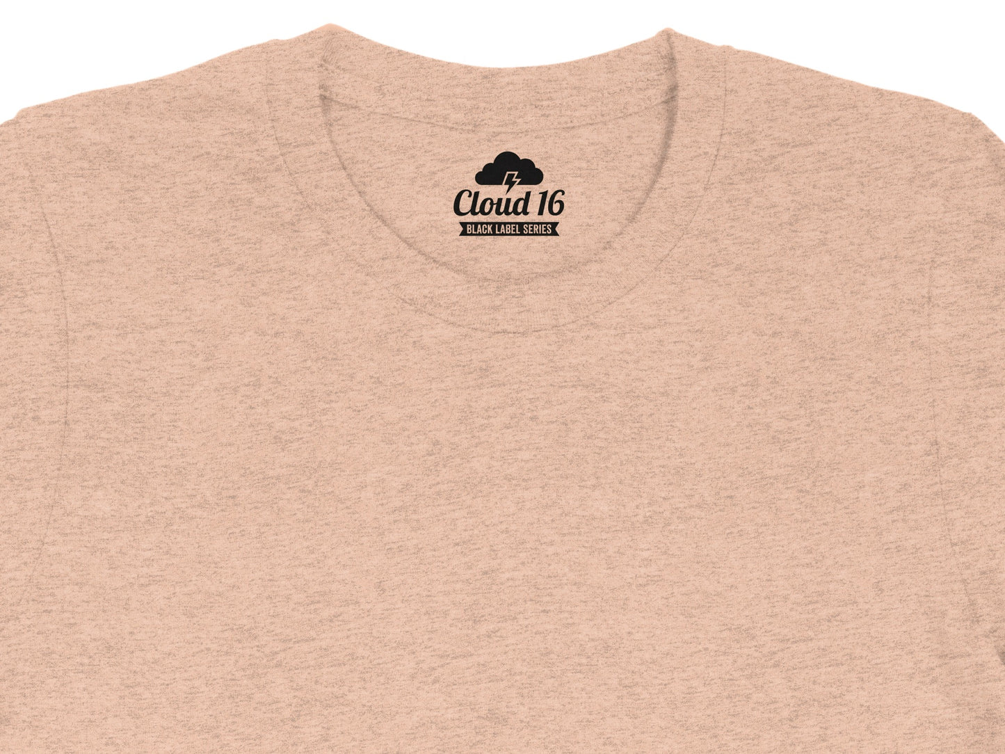 Peach t-shirt with "CLOUD 16 BLACK LABEL SERIES" logo on the neck tag.