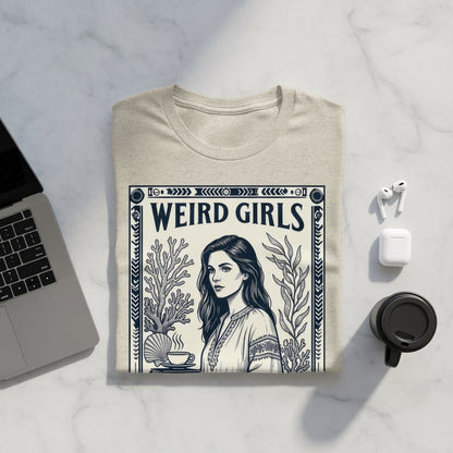 T-shirt with "Weird Girls" text and vintage-style illustration of a woman.