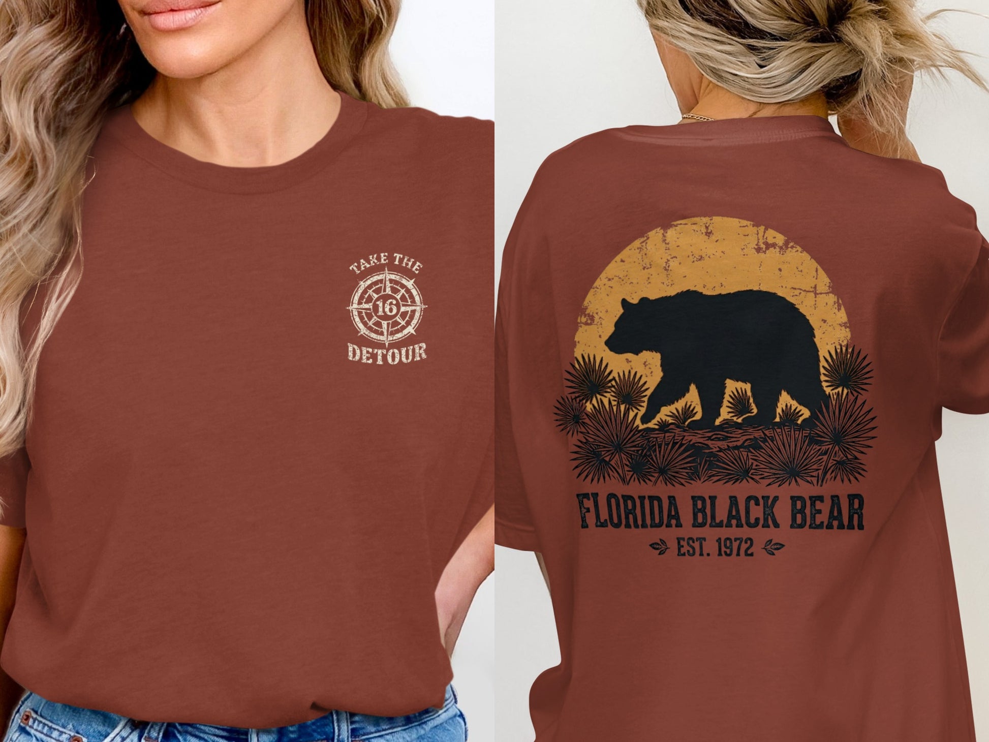 Front of brown t-shirt with compass logo; back shows black bear silhouette against sunset.