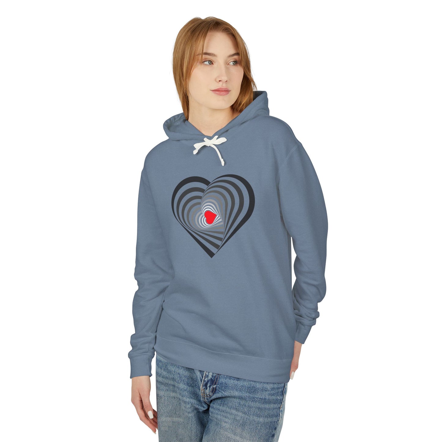 Person wearing a blue hoodie with a heart design on a white background