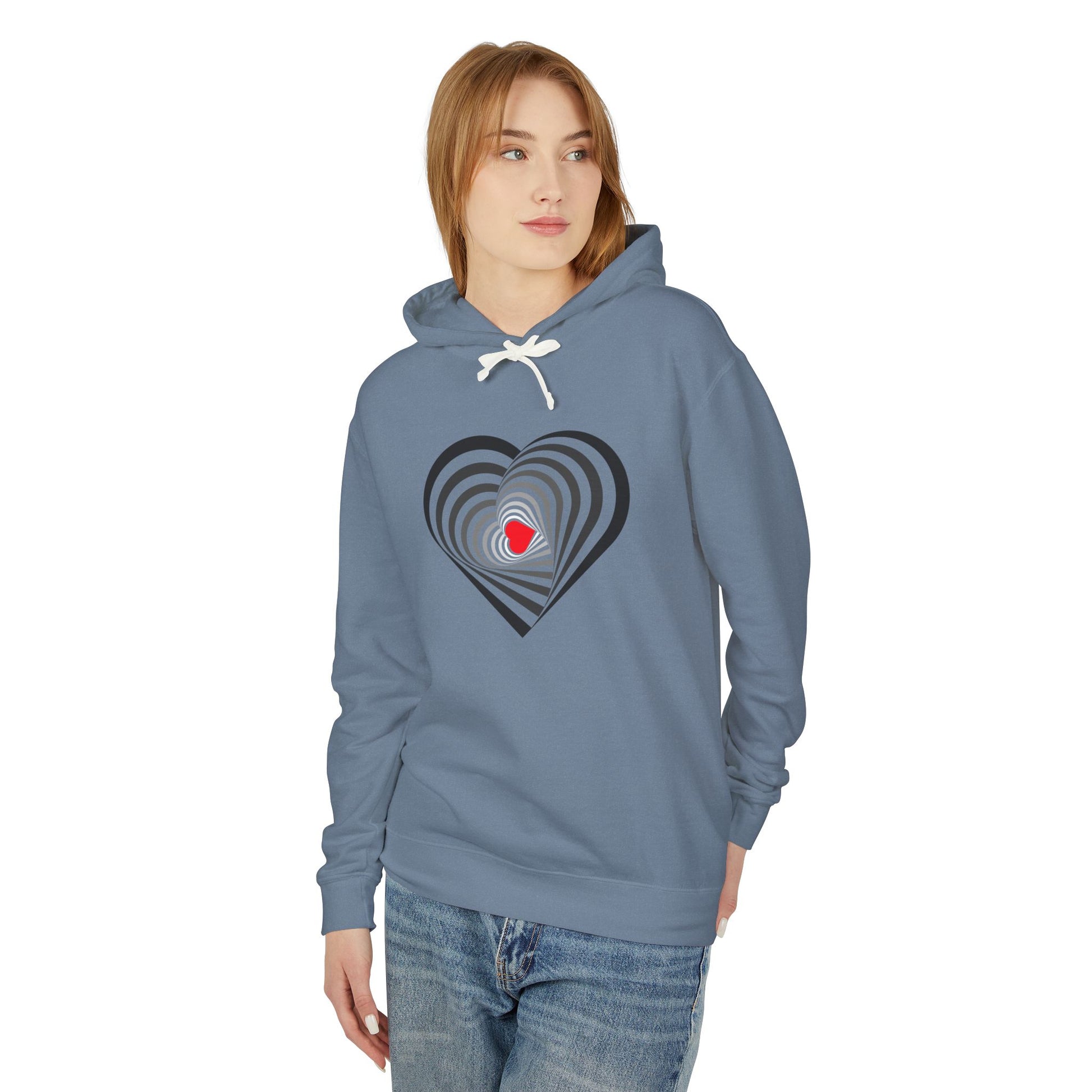 Person wearing a blue hoodie with a heart design on a white background