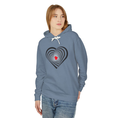 Person wearing a blue hoodie with a heart design on a white background