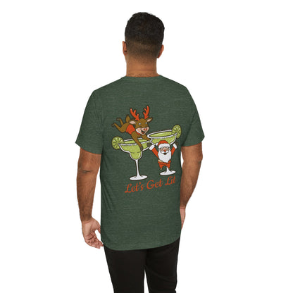 Scrappy Malone's Bar Christmas Tee — "Let's Get Lit" Santa & Rudolf Hanging from Martini Glass