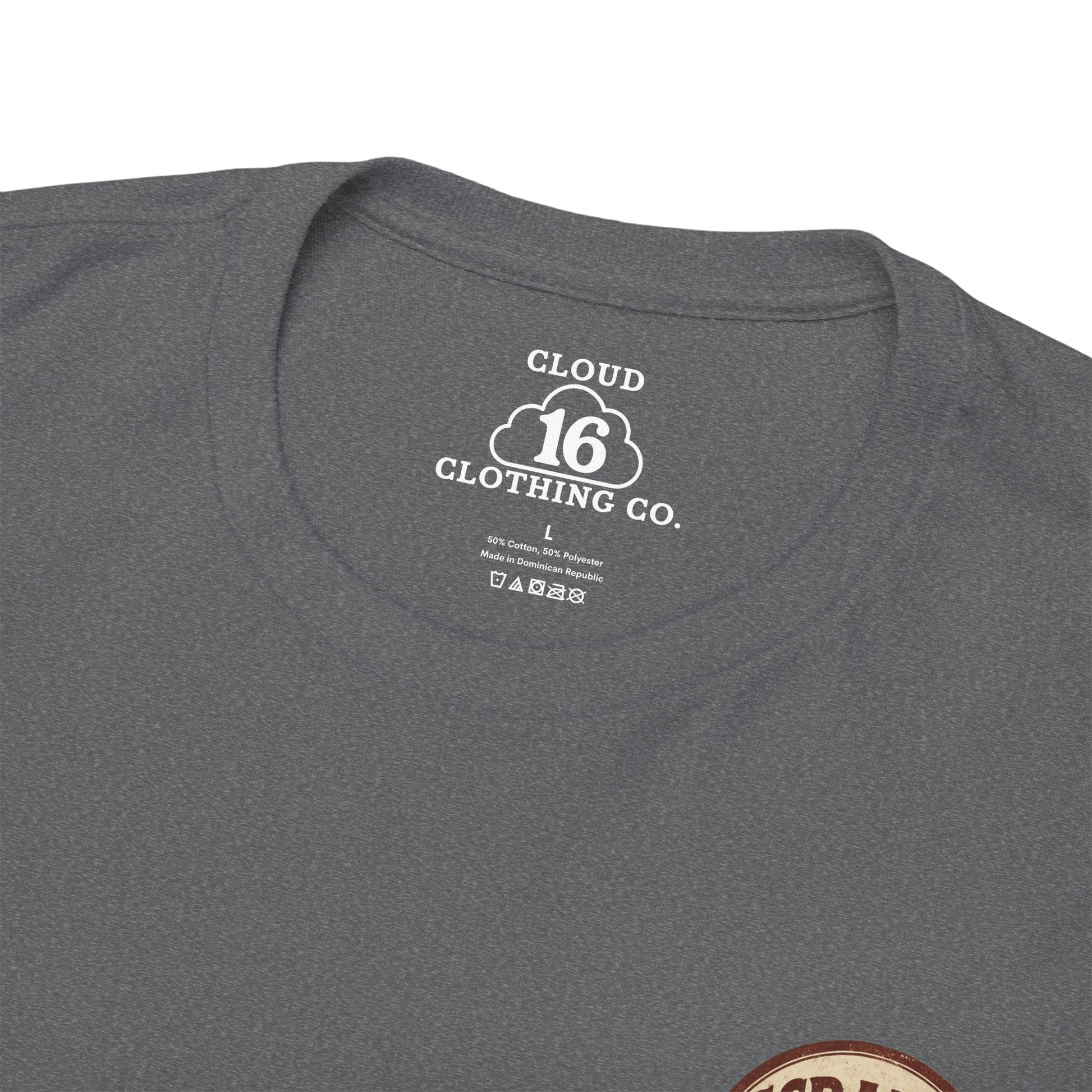 Gray t-shirt with Cloud 16 Clothing Co. label on a white background