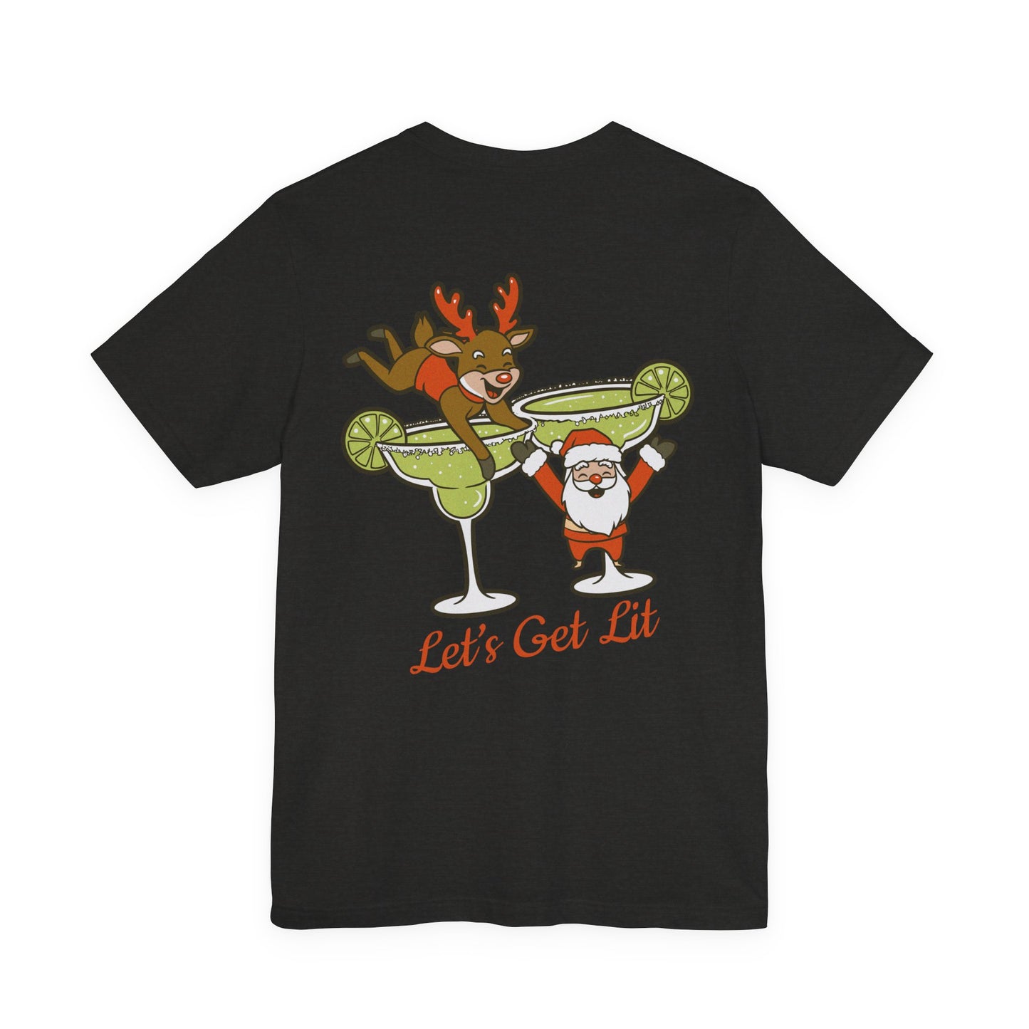 Scrappy Malone's Bar Christmas Tee — "Let's Get Lit" Santa & Rudolf Hanging from Martini Glass
