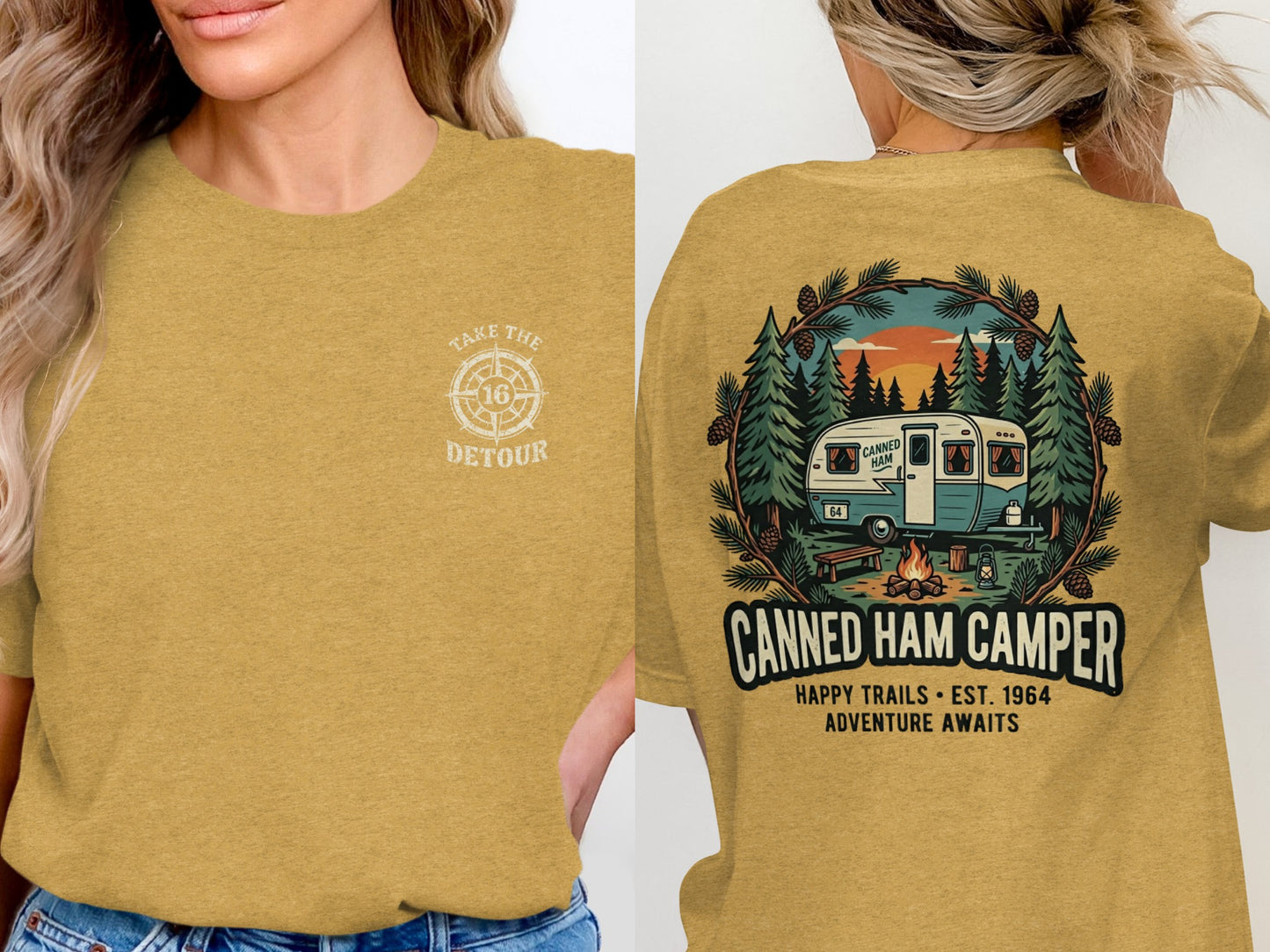 Yellow t-shirt with "Take the Detour" on front and camper scene on back.