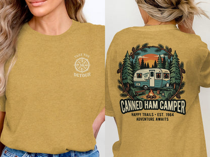 Yellow t-shirt with "Take the Detour" on front and camper scene on back.