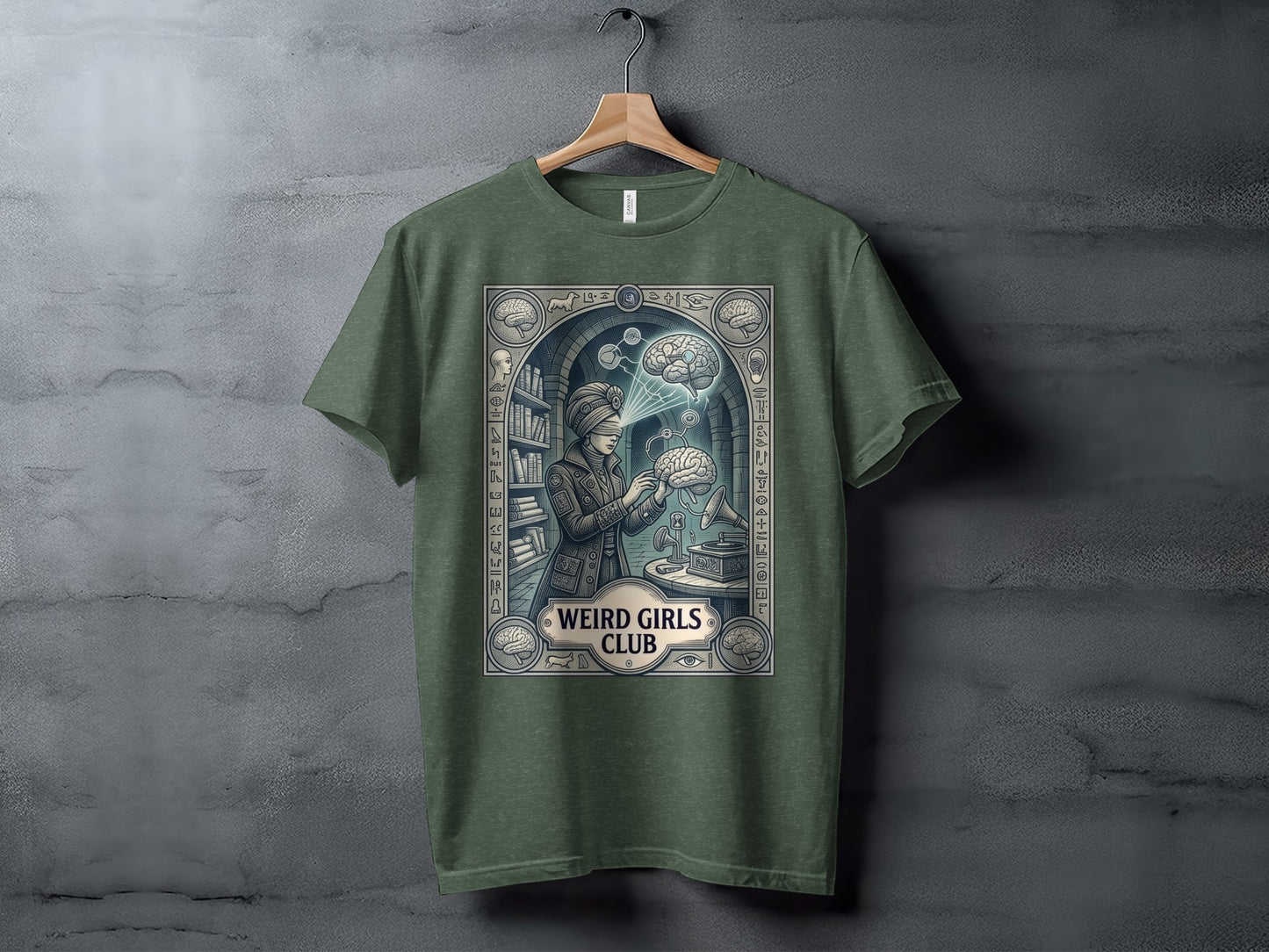 T-shirt with "Weird Girls Club" logo and vintage-style brain science illustration.