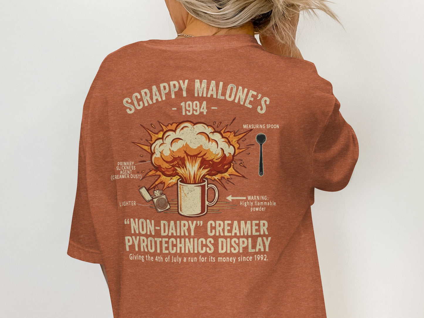 Scrappy Malone's 1994 "Non-Dairy" Creamer Pyrotechnics Display graphic tee.