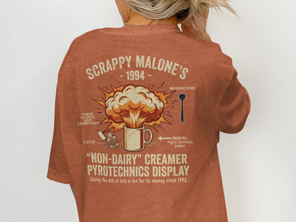 Scrappy Malone's 1994 "Non-Dairy" Creamer Pyrotechnics Display graphic tee.