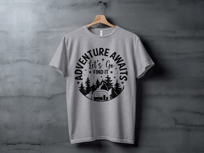 Adventure Awaits Let's Go Find It Silhouette Camper T-Shirt T-Shirt - Outdoor & Adventure Collection - Mile Marker 16 Gear by Cloud 16 Clothing Co.