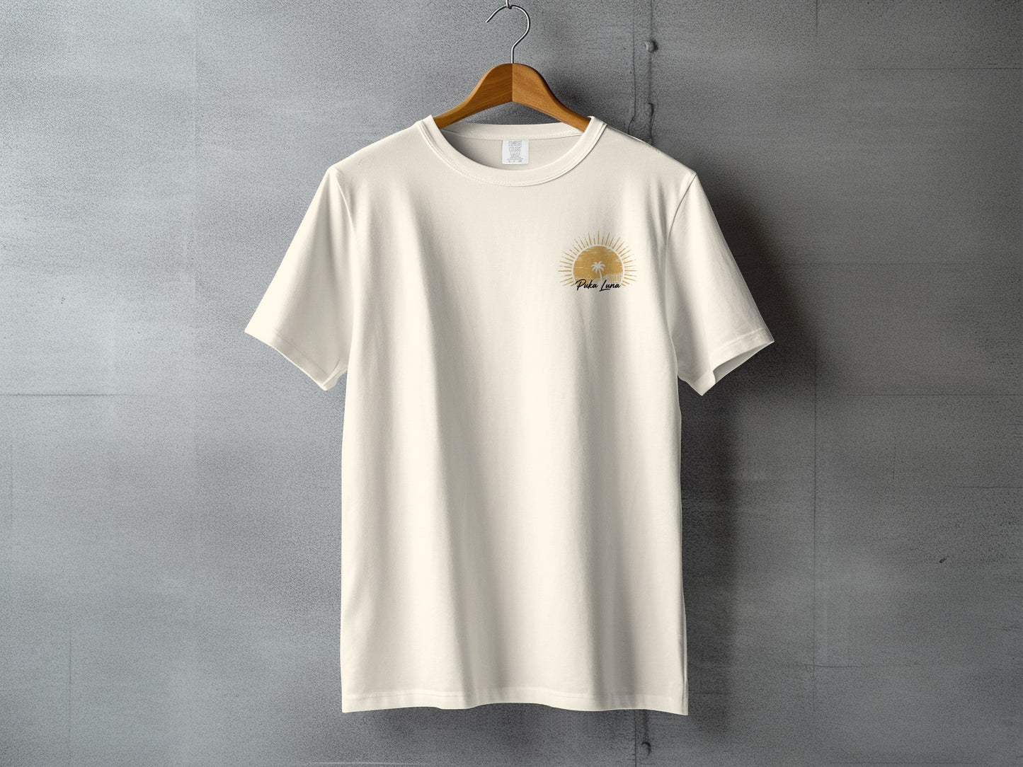 Cream t-shirt with palm tree and sun logo, "Polo Loco" text.