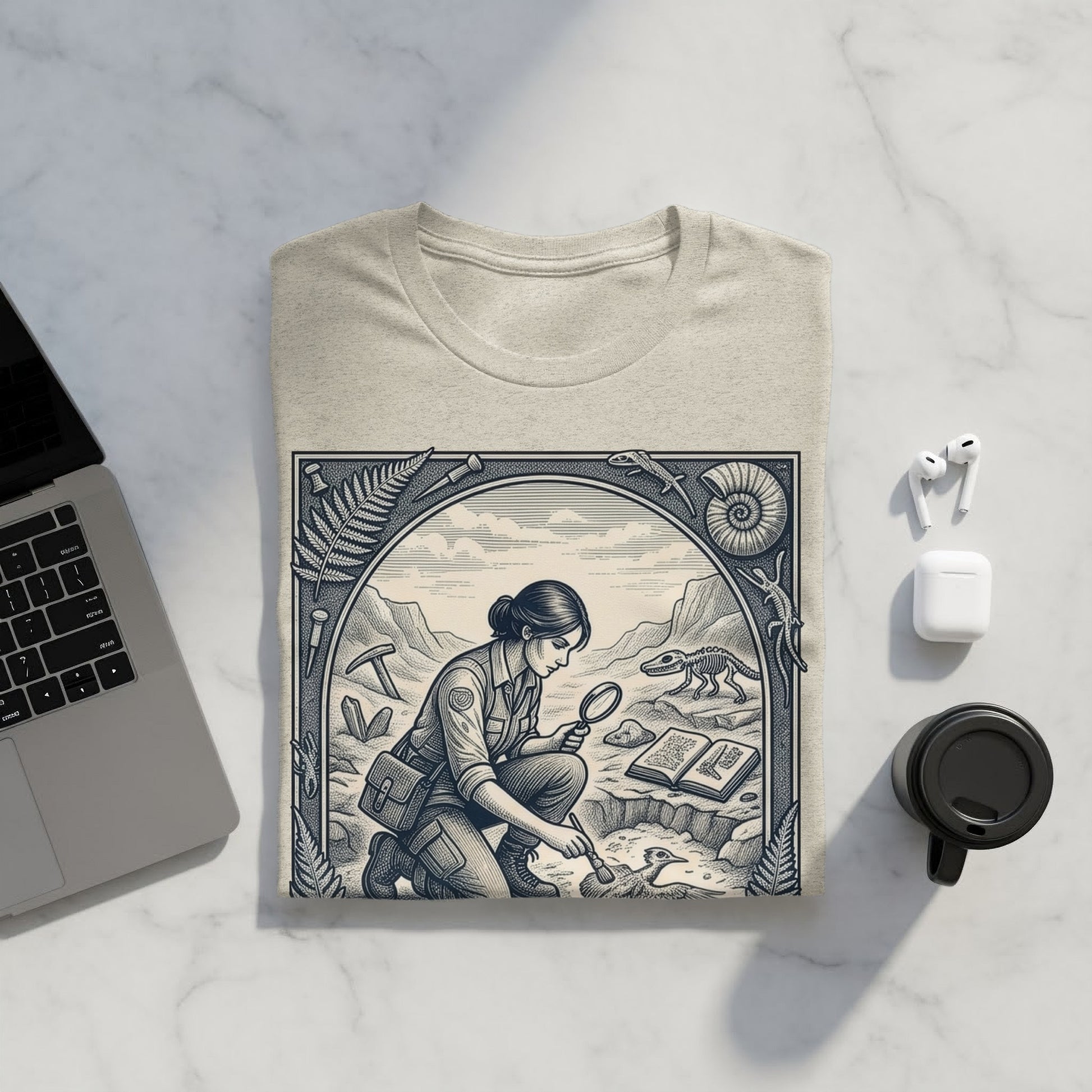 Paleontologist examining fossils in a framed illustration on a light beige t-shirt.