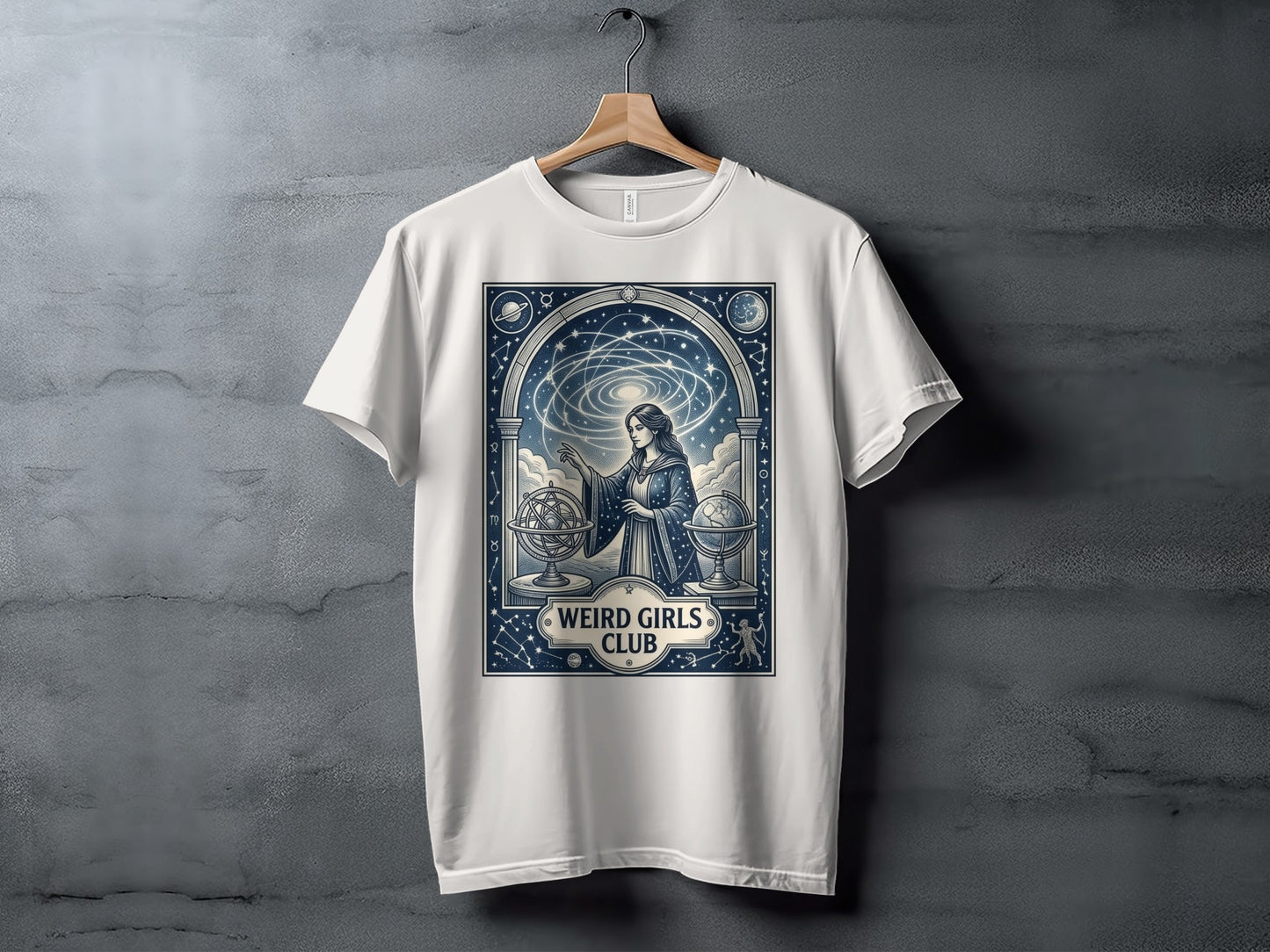 White t-shirt with "Weird Girls Club" graphic featuring celestial motifs and globes.
