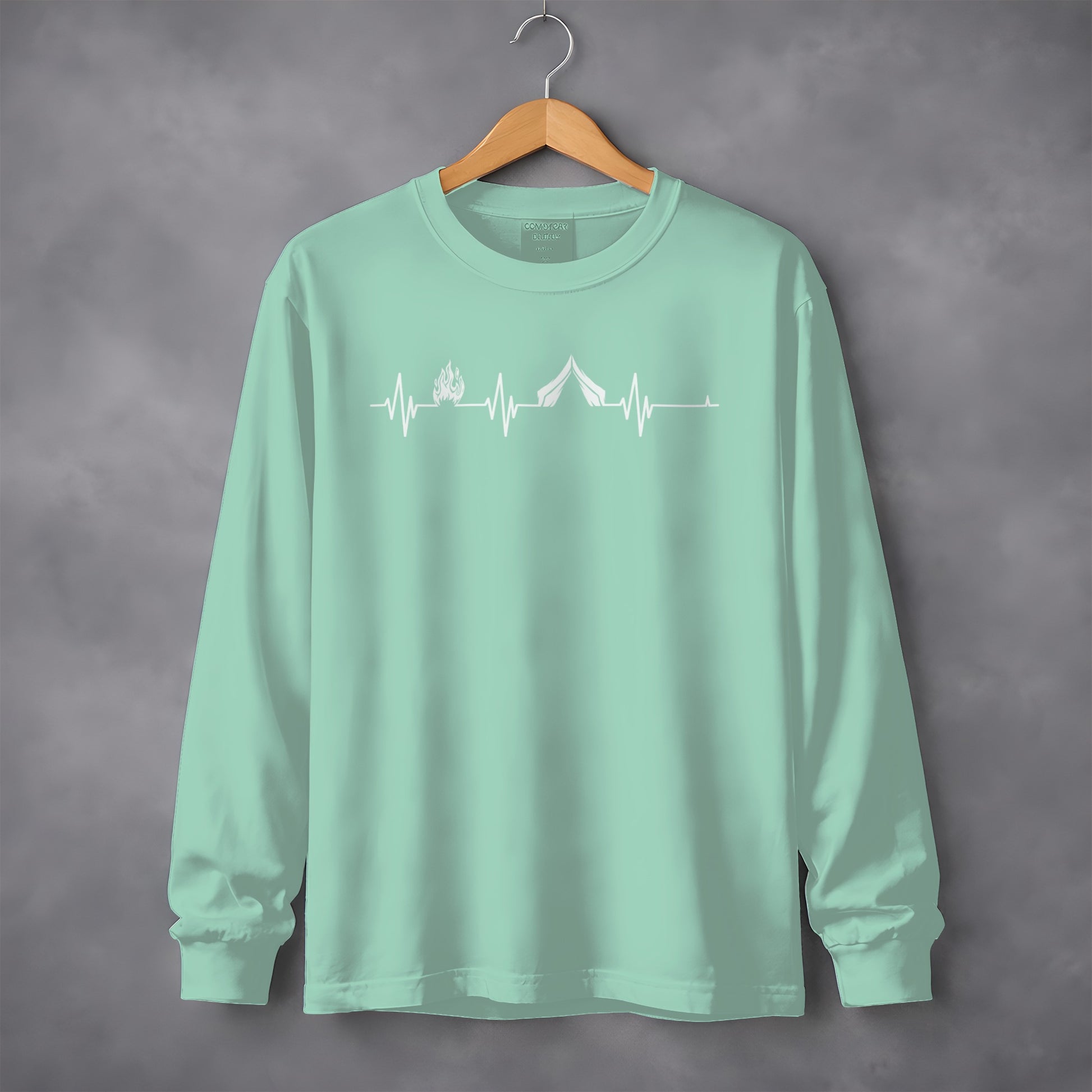 Camping Fire Tent Heartbeat Outdoor Adventure Long Sleeve T-Shirt Long Sleeve Tee - Outdoor & Adventure Collection - Mile Marker 16 Gear by Cloud 16 Clothing Co.