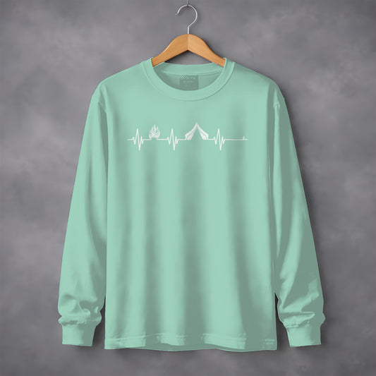Camping Fire Tent Heartbeat Outdoor Adventure Long Sleeve T-Shirt Long Sleeve Tee - Outdoor & Adventure Collection - Mile Marker 16 Gear by Cloud 16 Clothing Co.