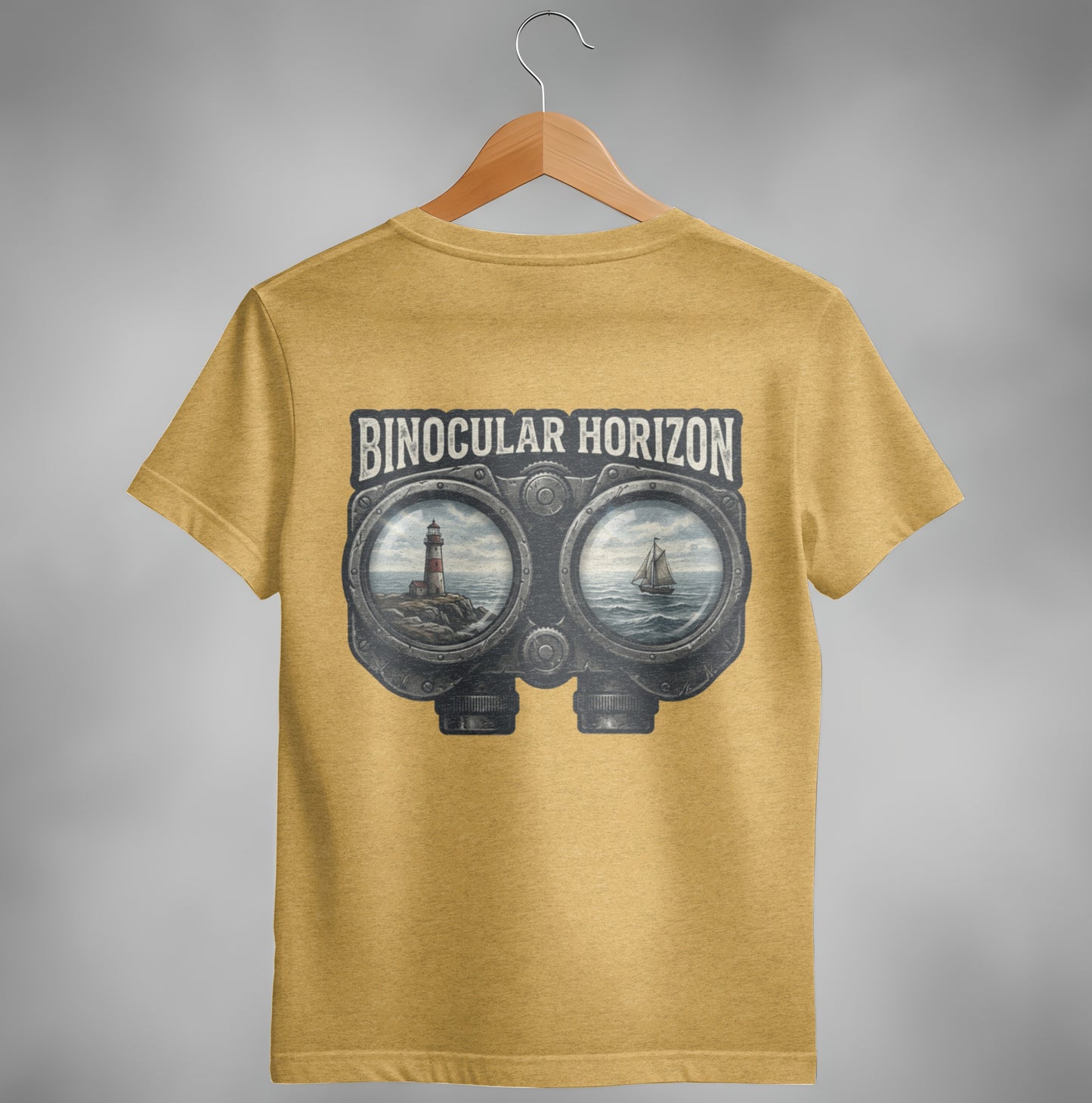 Yellow t-shirt with binoculars view of lighthouse and sailboat, text "BINOCULAR HORIZON".