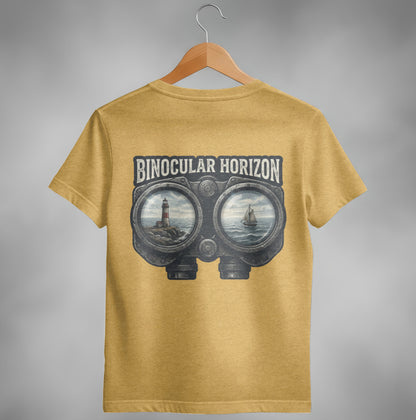 Yellow t-shirt with binoculars view of lighthouse and sailboat, text "BINOCULAR HORIZON".
