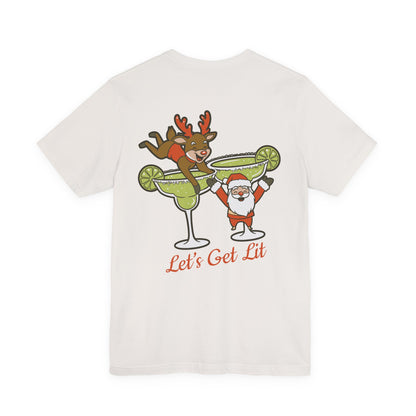 Scrappy Malone's Bar Christmas Tee — "Let's Get Lit" Santa & Rudolf Hanging from Martini Glass