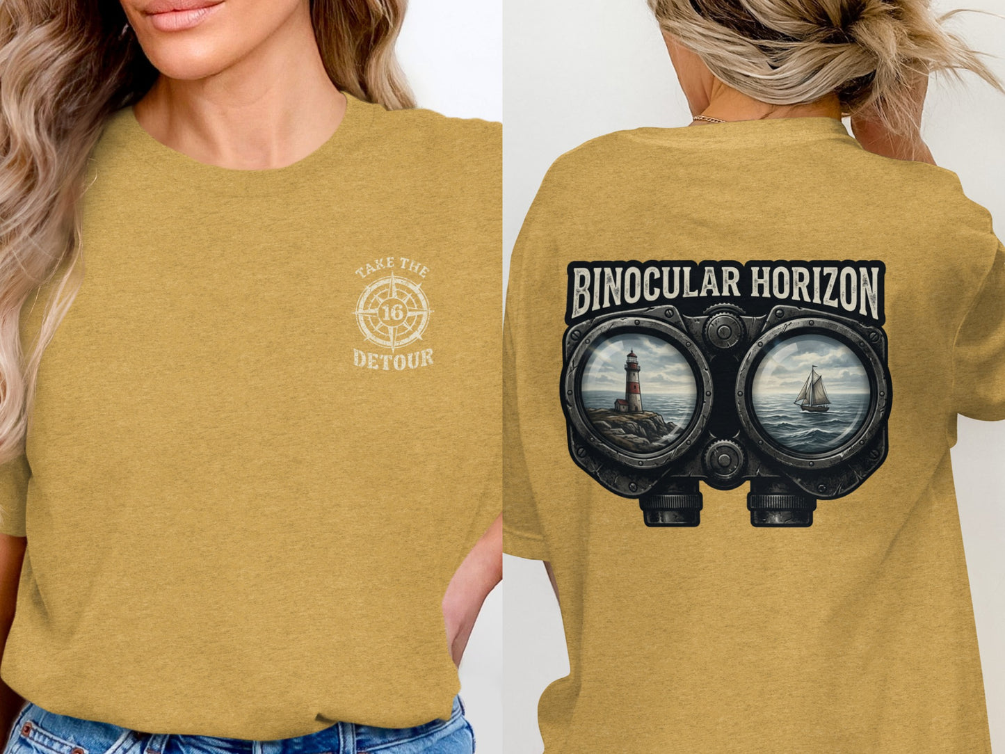 Yellow t-shirt with "Take the Detour" graphic on front and binoculars overlooking sea on back.