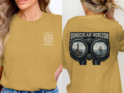 Yellow t-shirt with "Take the Detour" graphic on front and binoculars overlooking sea on back.