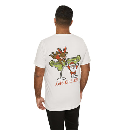 Scrappy Malone's Bar Christmas Tee — "Let's Get Lit" Santa & Rudolf Hanging from Martini Glass