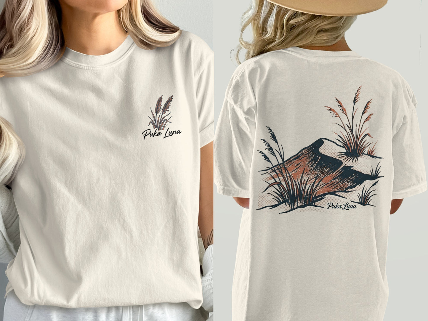 Cream t-shirt with Puka Luna logo featuring dry grass and a bird illustration.