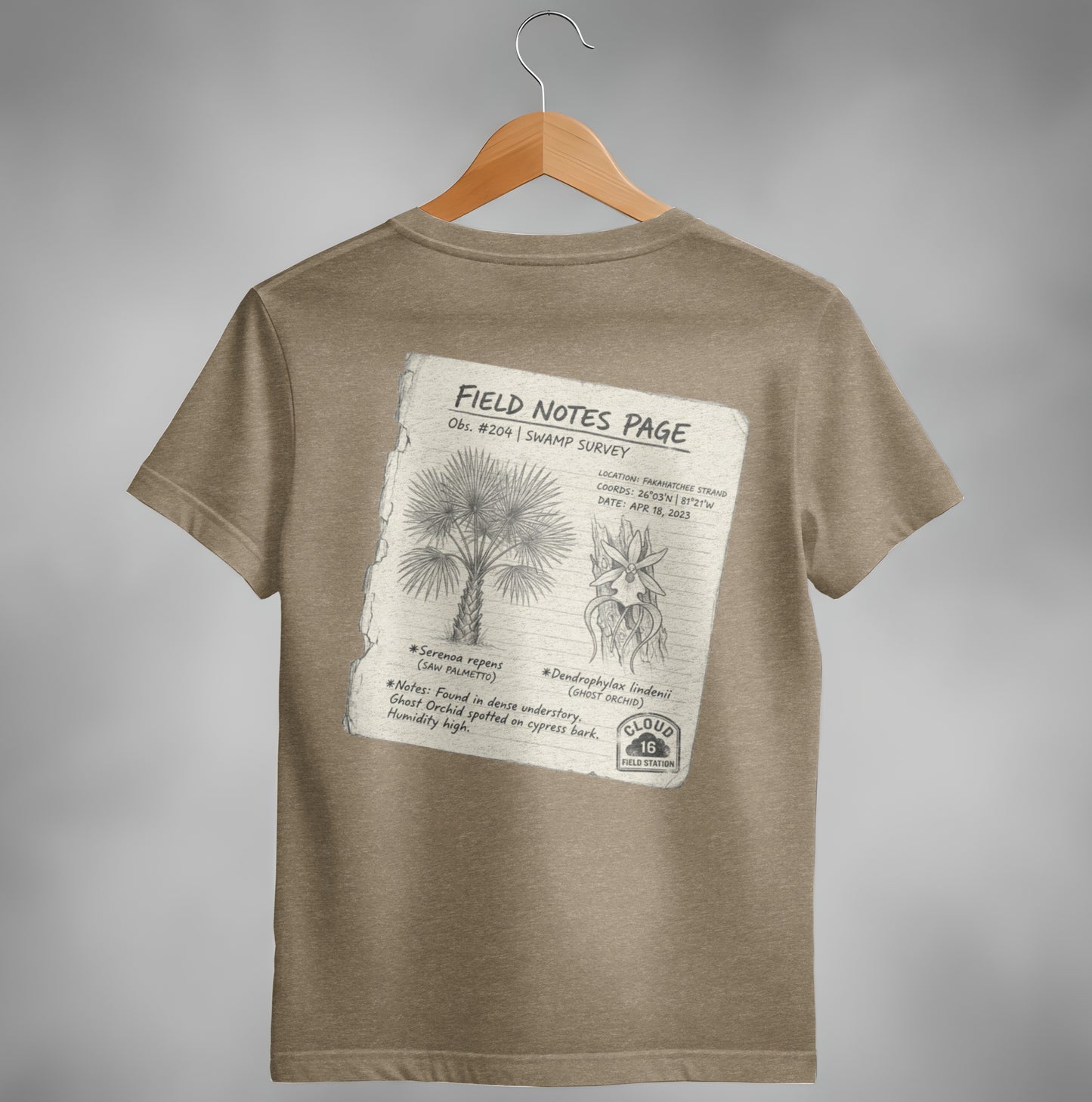 T-shirt with sketch of palm frond and ghost orchid, "Field Notes Page" and survey details.