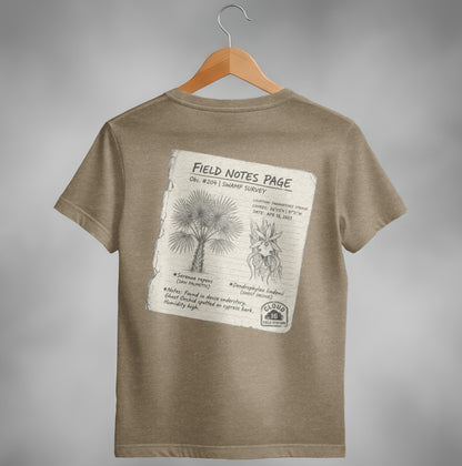 T-shirt with sketch of palm frond and ghost orchid, "Field Notes Page" and survey details.