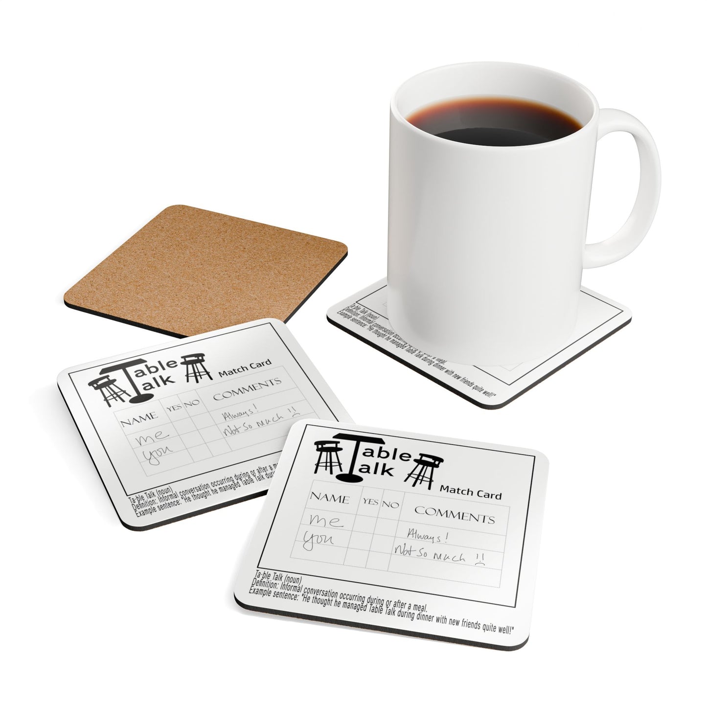 Table Talk Cork Coaster Set of 4 — Funny Conversation Match Card Design
