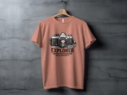 The Analog Explorer's Detour: Backcountry Outpost Shirt: Salmon t-shirt with vintage camera graphic and text "EXPLORER VINTAGE PHOTOGRAPHY ANALOG ADVENTURE CO."