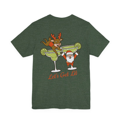 Scrappy Malone's Bar Christmas Tee — "Let's Get Lit" Santa & Rudolf Hanging from Martini Glass