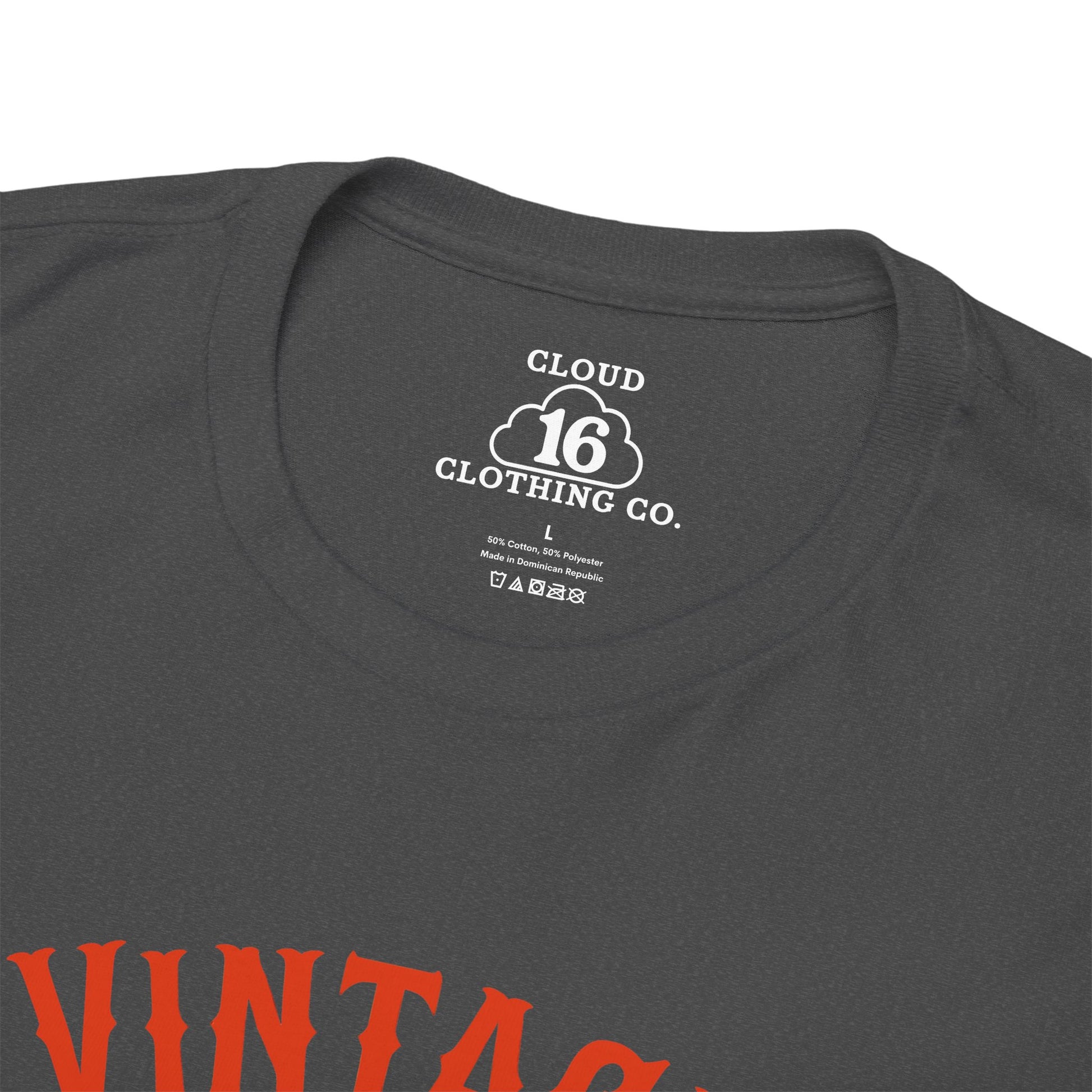 Close-up of a dark gray t-shirt with 'Cloud 16 Clothing Co.' label and red text on a white background.